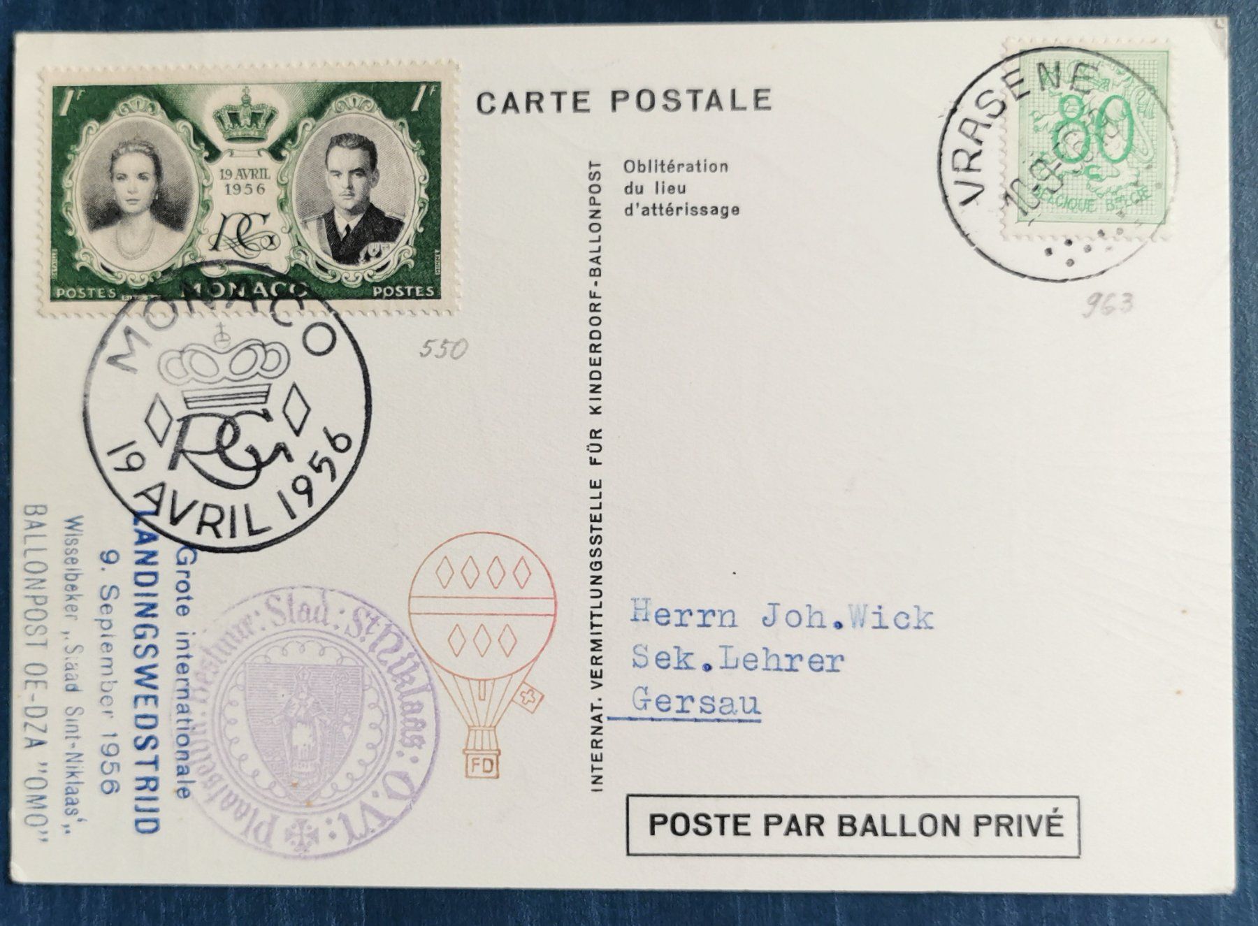 Tutti i francobolli: Ballon-Postkarte Monaco 1956 – Usato da Aadorf venduto da Chnorli-Furz