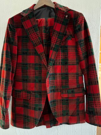 Herren Samt Anzug, Rot/Grün Kariert