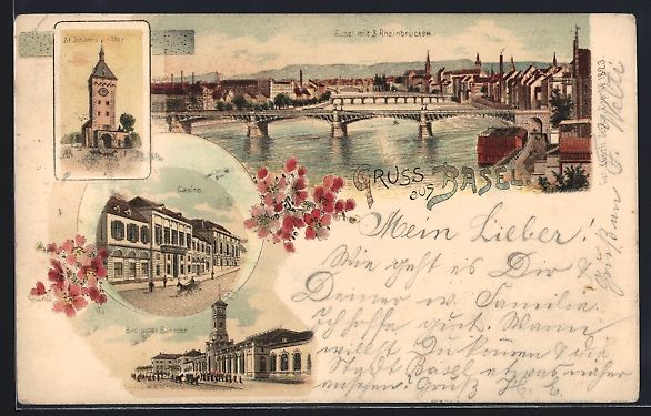 Cartoline postali: Litho Basel, Casino, Badischer Bahnhof,  – Usato da Berlin venduto da bartko-reher