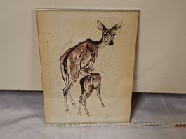 Hirschkuh mit Kalb Lithographie Fritz Hug EXPO 64 gerahmt