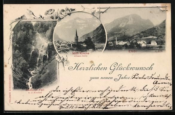 Cartoline postali: Engi, Ortsansicht, Matt-Kirche, Badkopf- – Usato da Berlin venduto da bartko-reher