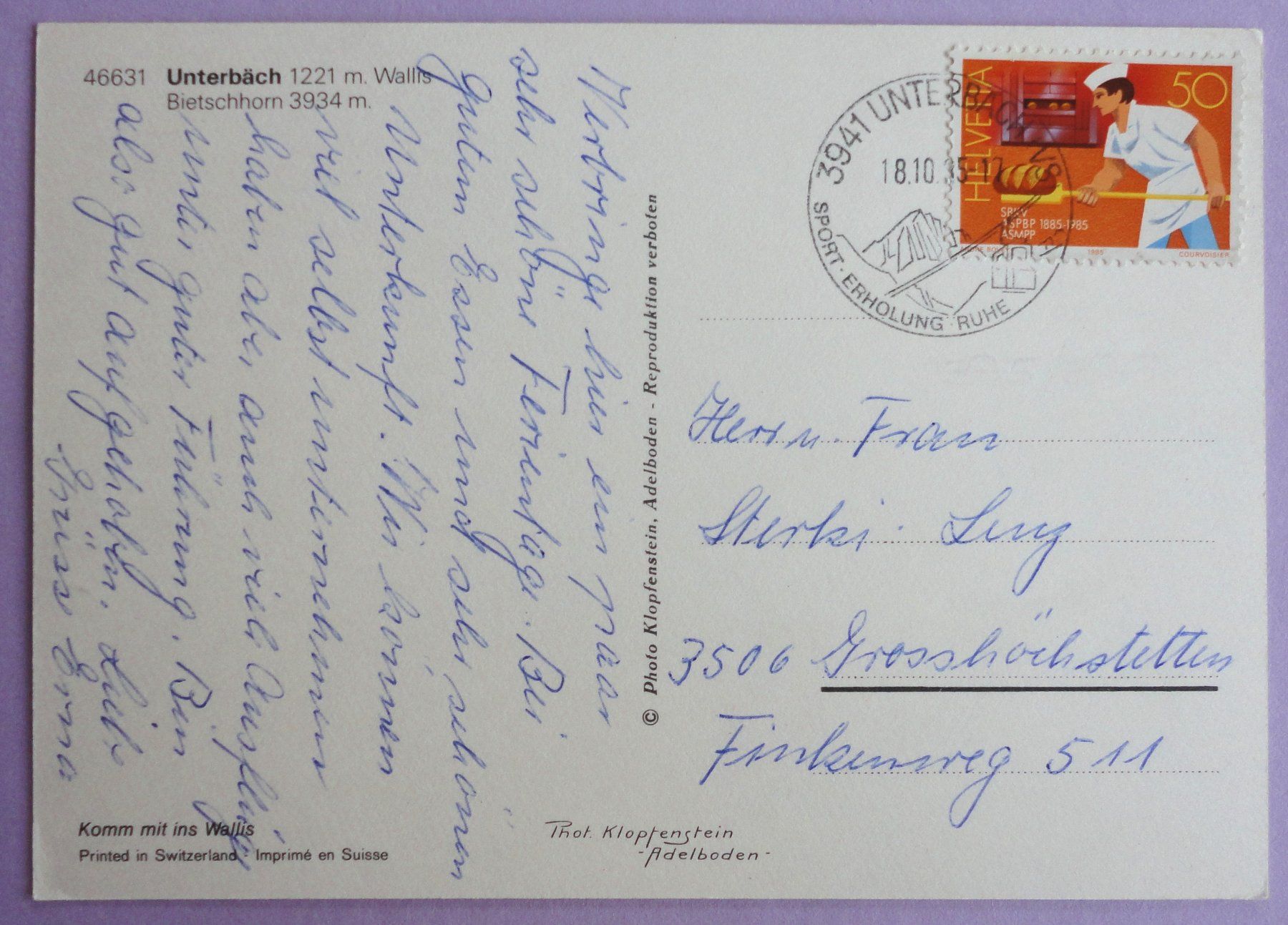 Cartoline postali: Unterbäch 1221 m, Bietschhorn – Usato da Fétigny venduto da Billy2miny 1