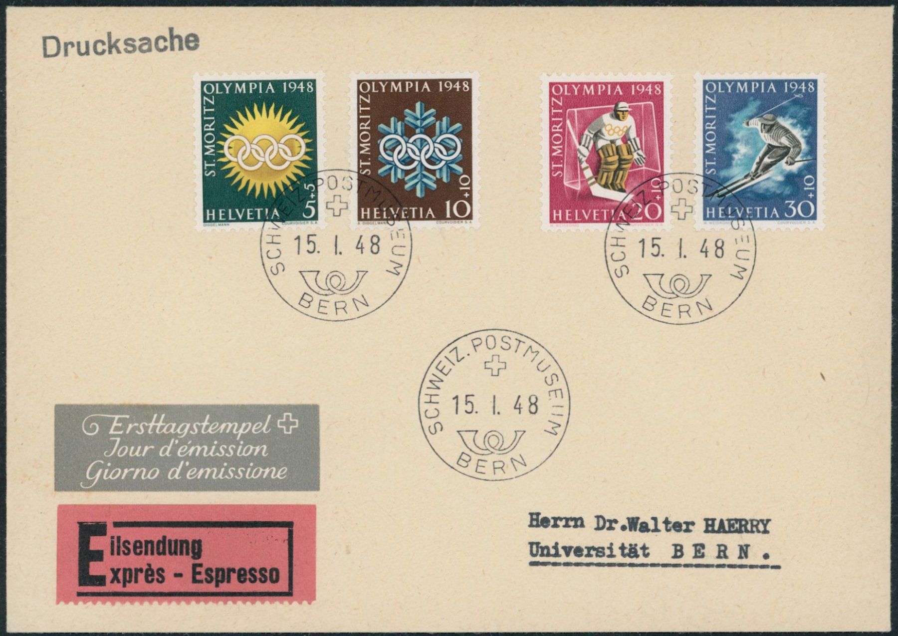 Tutti i francobolli: 1948 - Olympia - Ersttagsbrief FDC ET - Haerry – Usato da Schindellegi venduto da leecollect