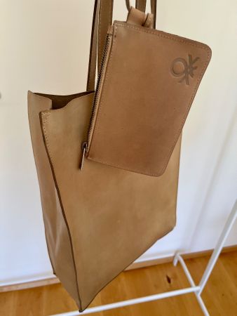 Benetton Leder Shopper Tasche Beige Tote Bag inkl. Pochette