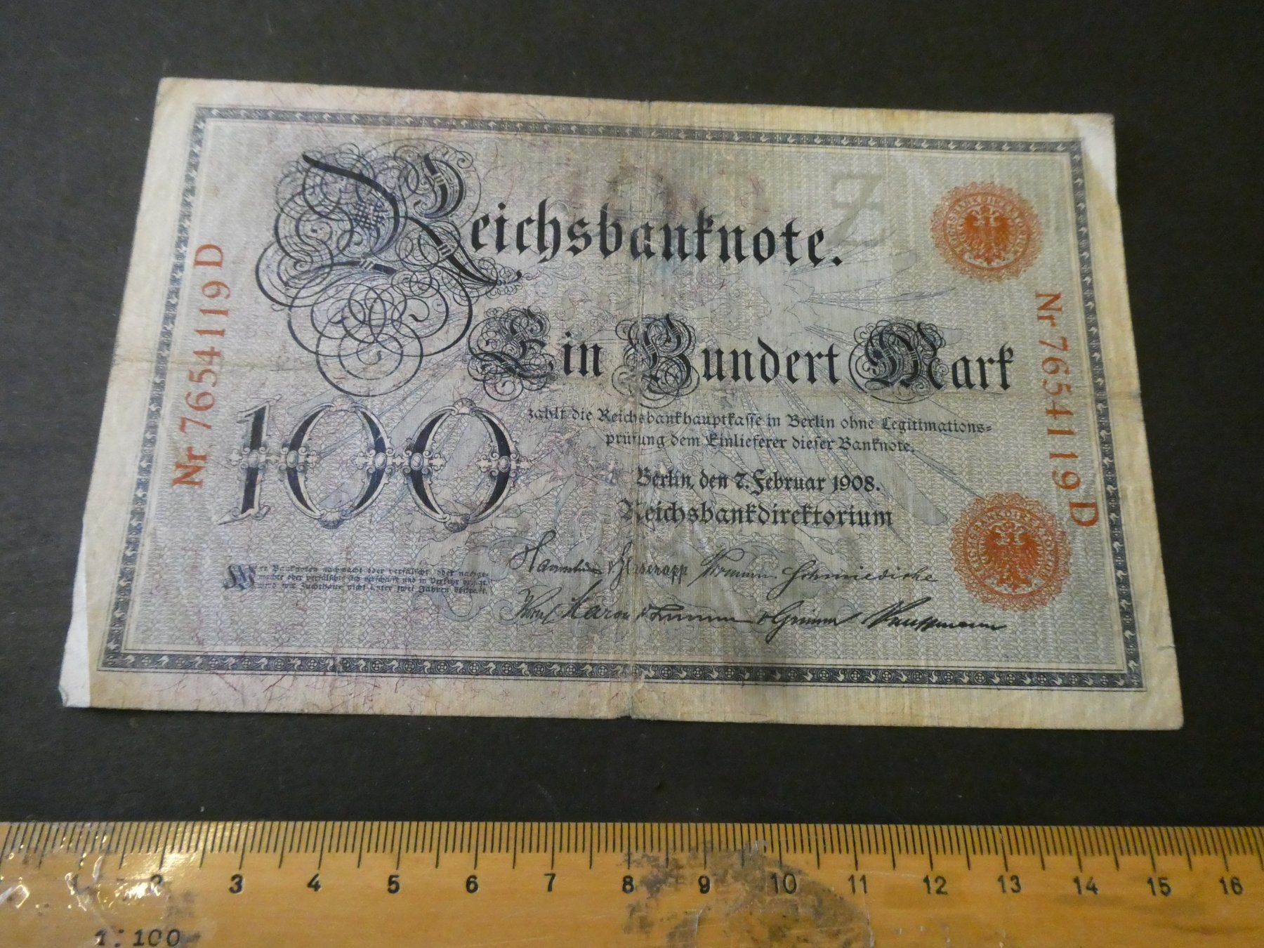 Banconote: Dt. Reich 1908, 100 Mark - KN und Sigel rot – Usato da Hinterforst venduto da Rohusri