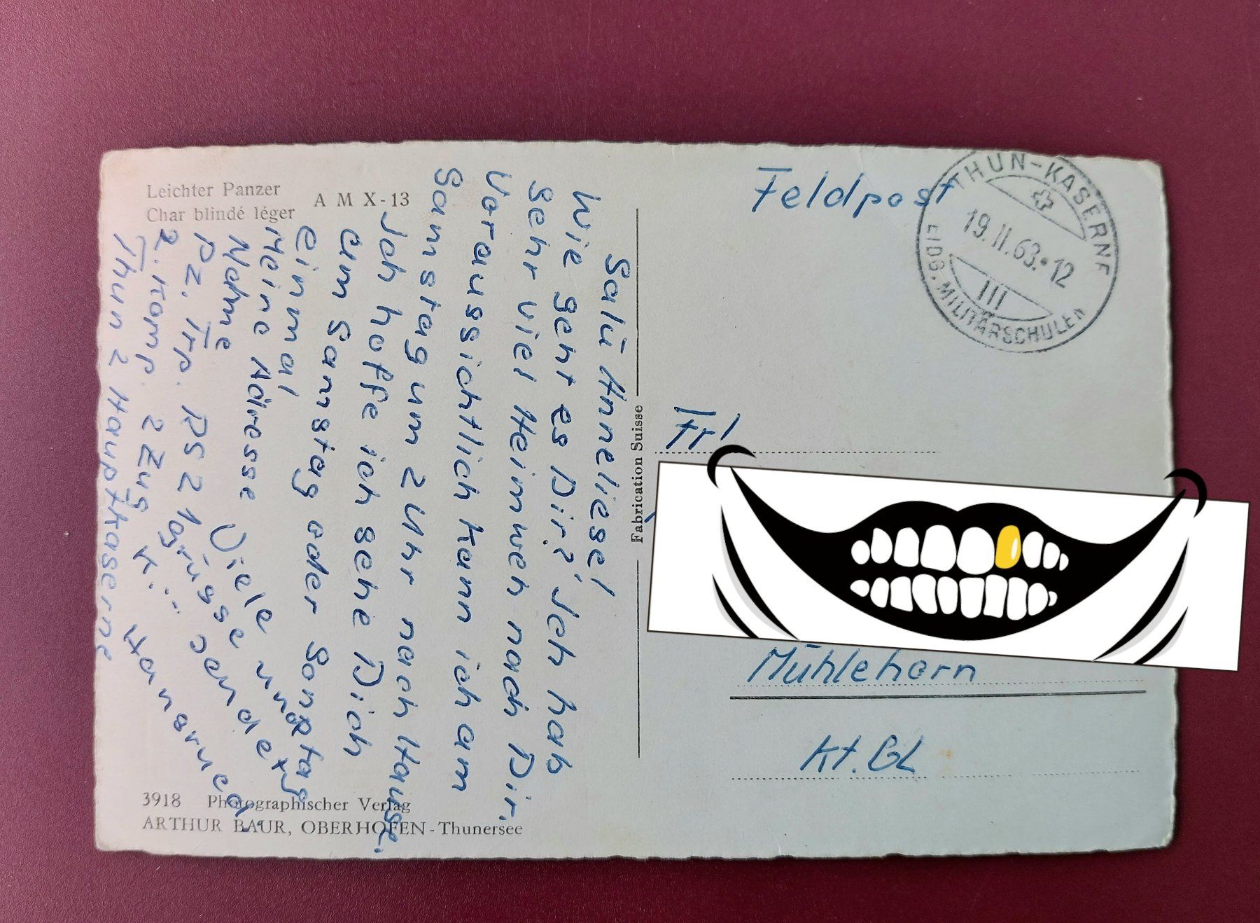 Cartoline postali: Postkarte mit AMX-13 Panzer der Schweizer Armee – Usato da Brütten venduto da Tempest4 1