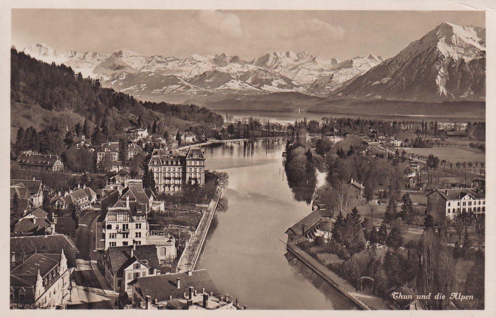 Ansichtskarten: Thun mit die Alpen  1929 – Gebraucht aus Cormoret von Pascalll2001