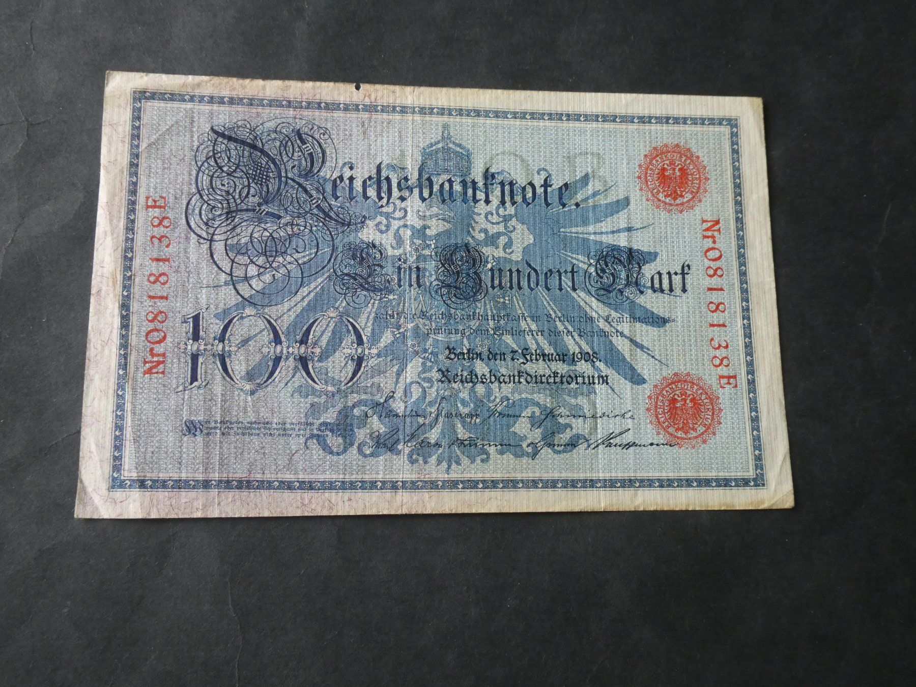 Banknoten: Dt. Reich 1908, 100 Mark KN rot – Gebraucht aus Hinterforst von Rohusri