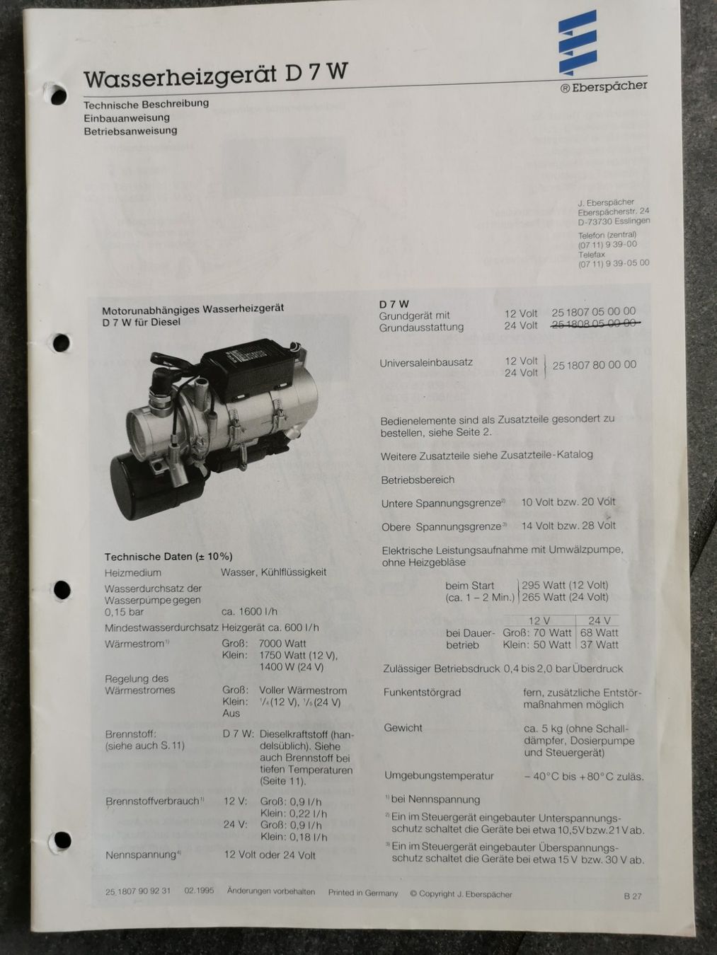 Documenti: Eberspächer D7W Beschreibung – Usato da Ins venduto da joojooo