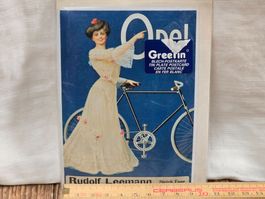 Blechschild Opel, Dame mit Fahrrad, sammeln, aufbewahren
