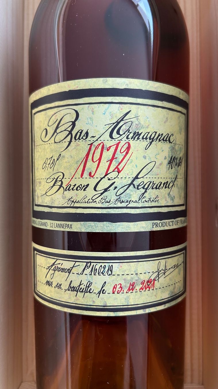 Bevande alcoliche: Bas Armagnac Baron G. Legrand 1972 – Nuovo e nell'imballaggio originale da Hünibach venduto da Chatzestrecker 3