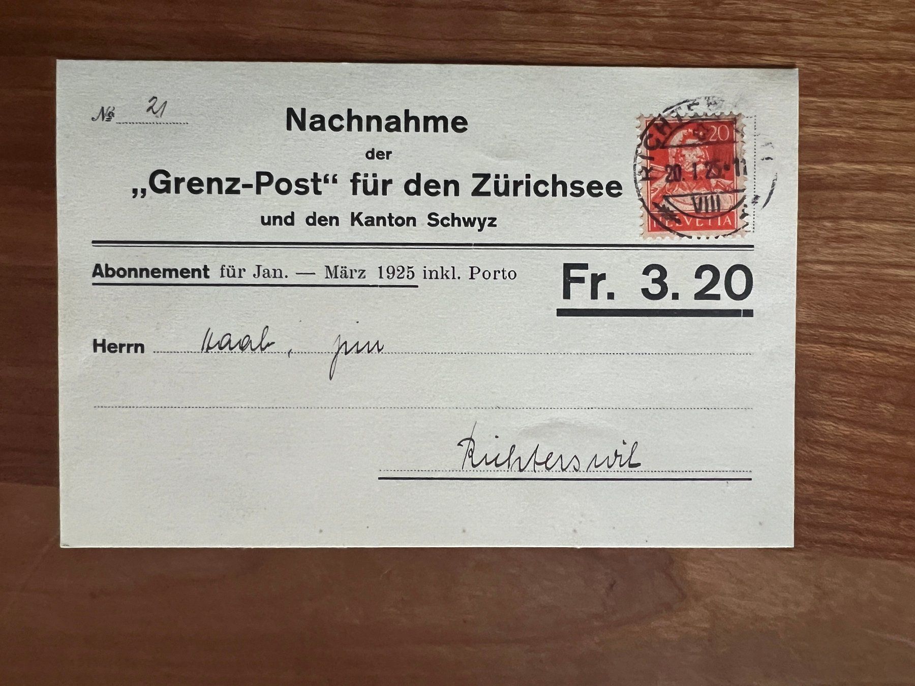 Tutti i francobolli: CH  Nachnahme Grenz Post  1925  (V968) – Usato da Hinwil venduto da Sidi4