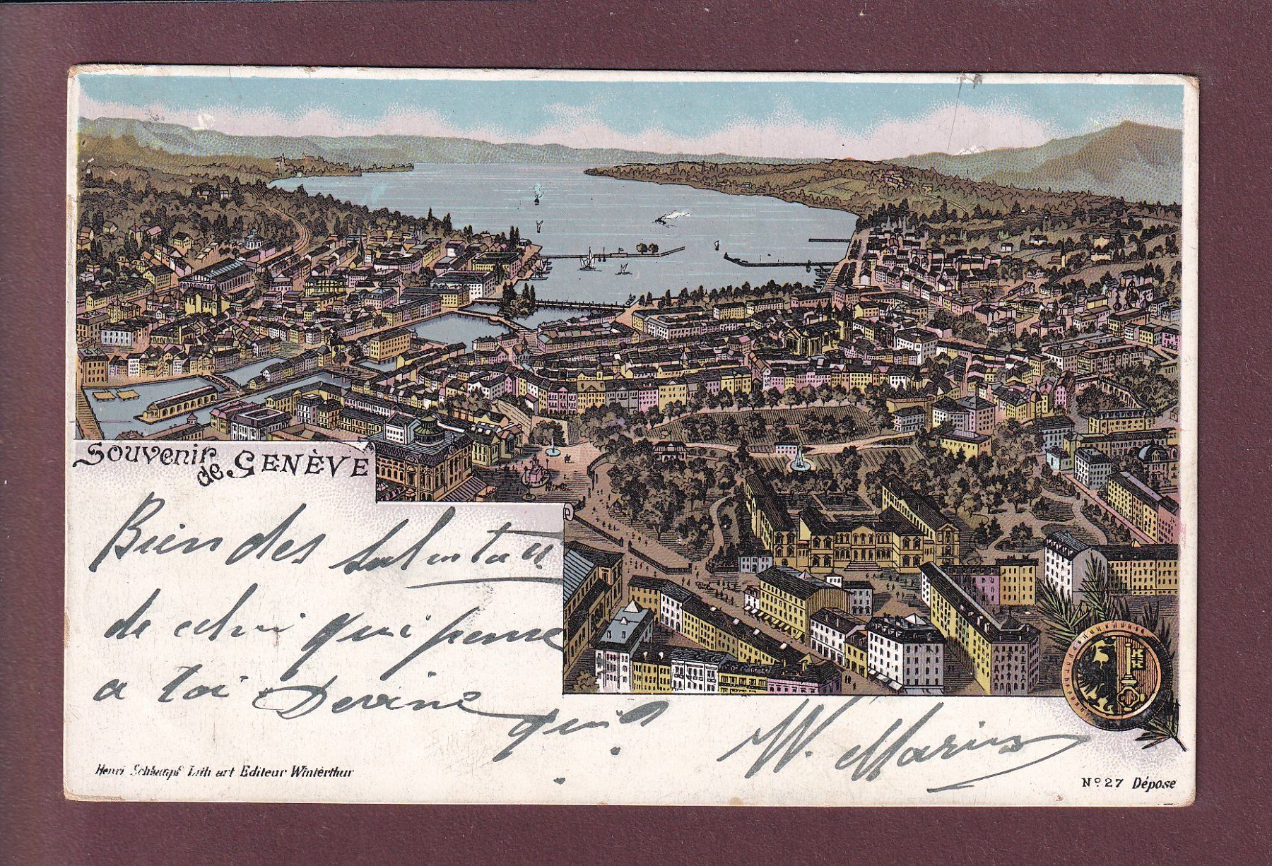Ansichtskarten: Souvenir de GENEVE - 1911 Litho Schlumpf – Gebraucht aus Pully von nicecards