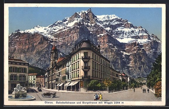 Cartoline postali: Glarus, Bahnhofstrasse und Burgstrasse m – Usato da Berlin venduto da bartko-reher