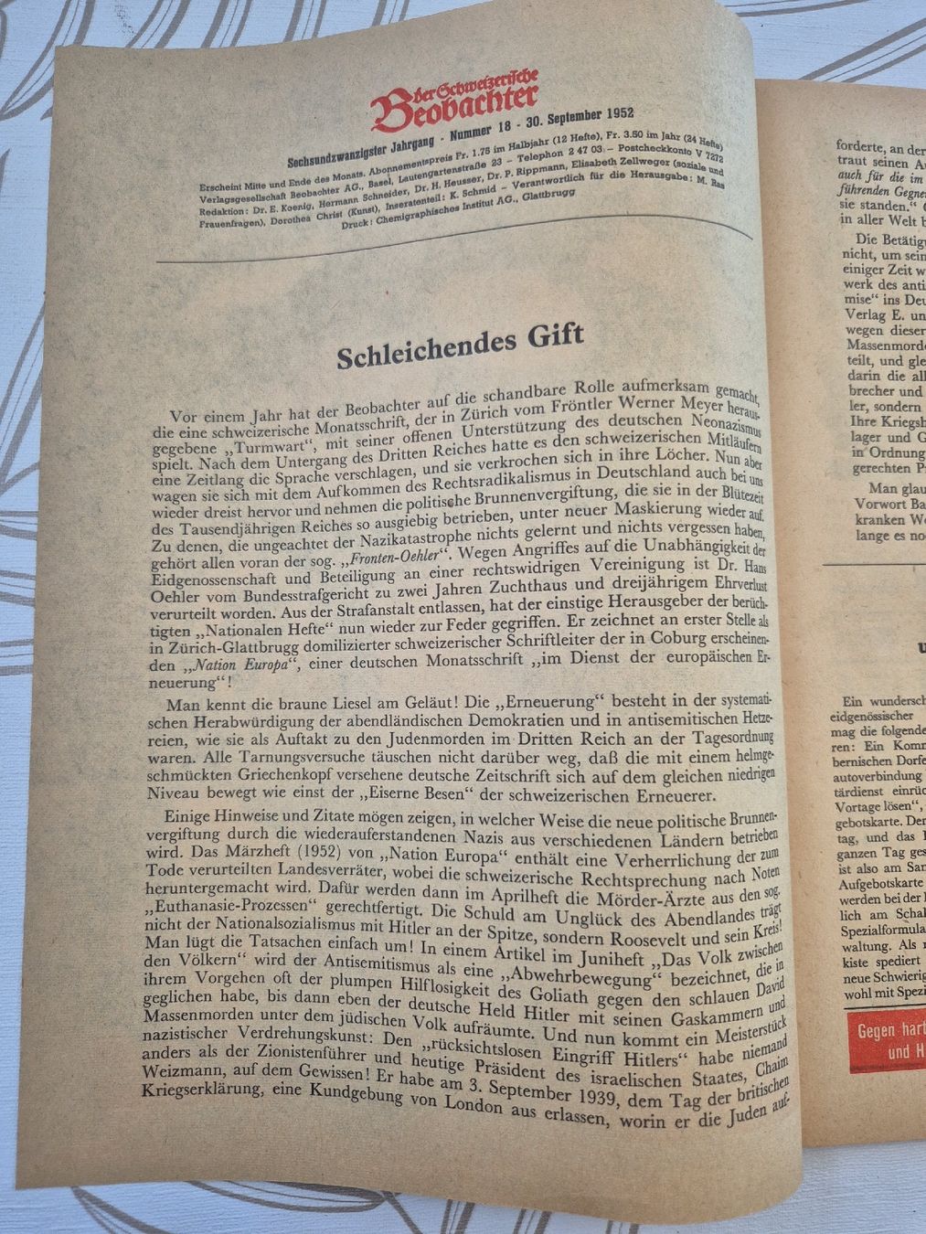 Riviste & Magazine: Zeitschrift Schweizerischer Beobachter 1952, mit Wechselrahm – Usato da Vilters venduto da Fleiflomi 3