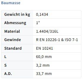 Ferramenta: Rohrdoppelnippel 1" x 60mm – Nuovo e nell'imballaggio originale da Amriswil venduto da SwissFittings 2