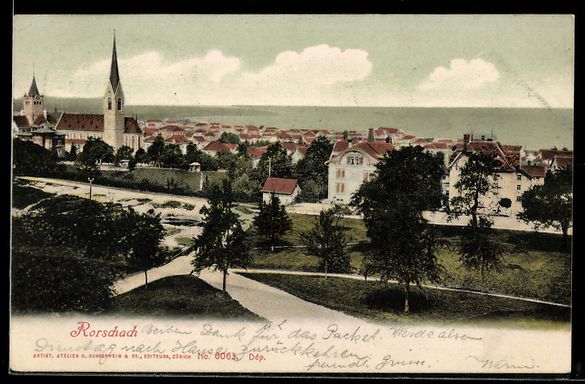 Cartoline postali: AK Rorschach, Ortsansicht mit Kirche und Uferpartie – Usato da Berlin venduto da bartko-reher