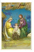 Gesegnete Weihnachten - Christkind - Maria + Josef - Litho