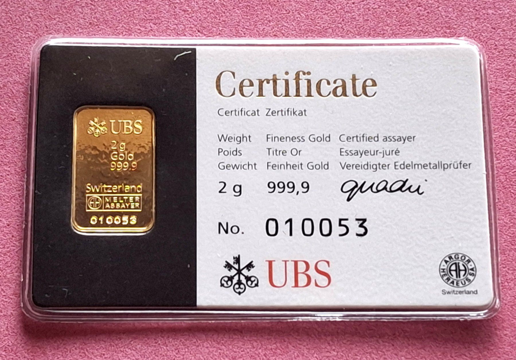 Edelmetalle: UBS - 2 GRAMM - N° 10053 – Gebraucht aus Boniswil von dpd4coins