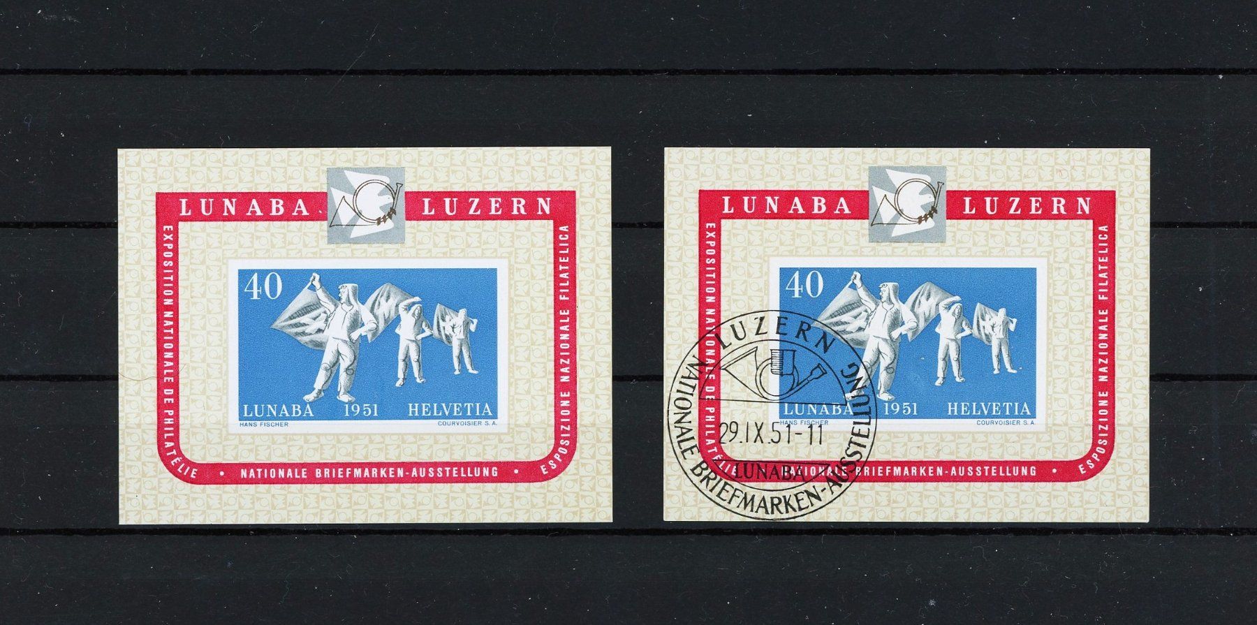 Alle Briefmarken: LUNABA Block 1951 einmal mit ET-Stempel, einmal postfrisch – Gebraucht aus Basel von Strubelibs