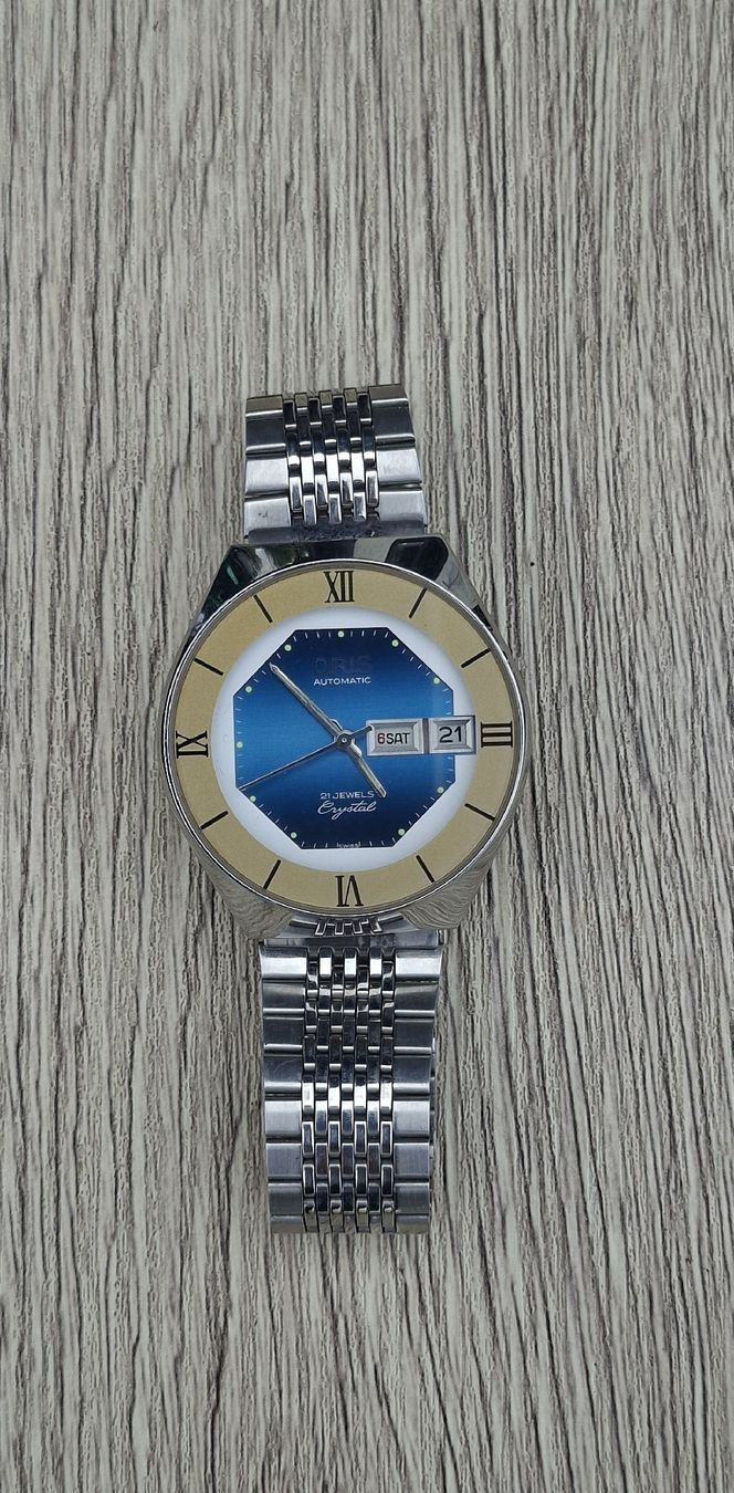 Oris Orologi: Oris Crystal D/D Auto eith Roman Numerals and blue dial.1970 – Usato da St-Cergue venduto da gar_x2b7 5