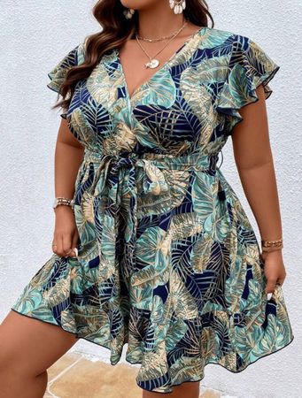 Strandkleid / Kleid Dschungel grün / blau Gr. 56 / 58 / 60