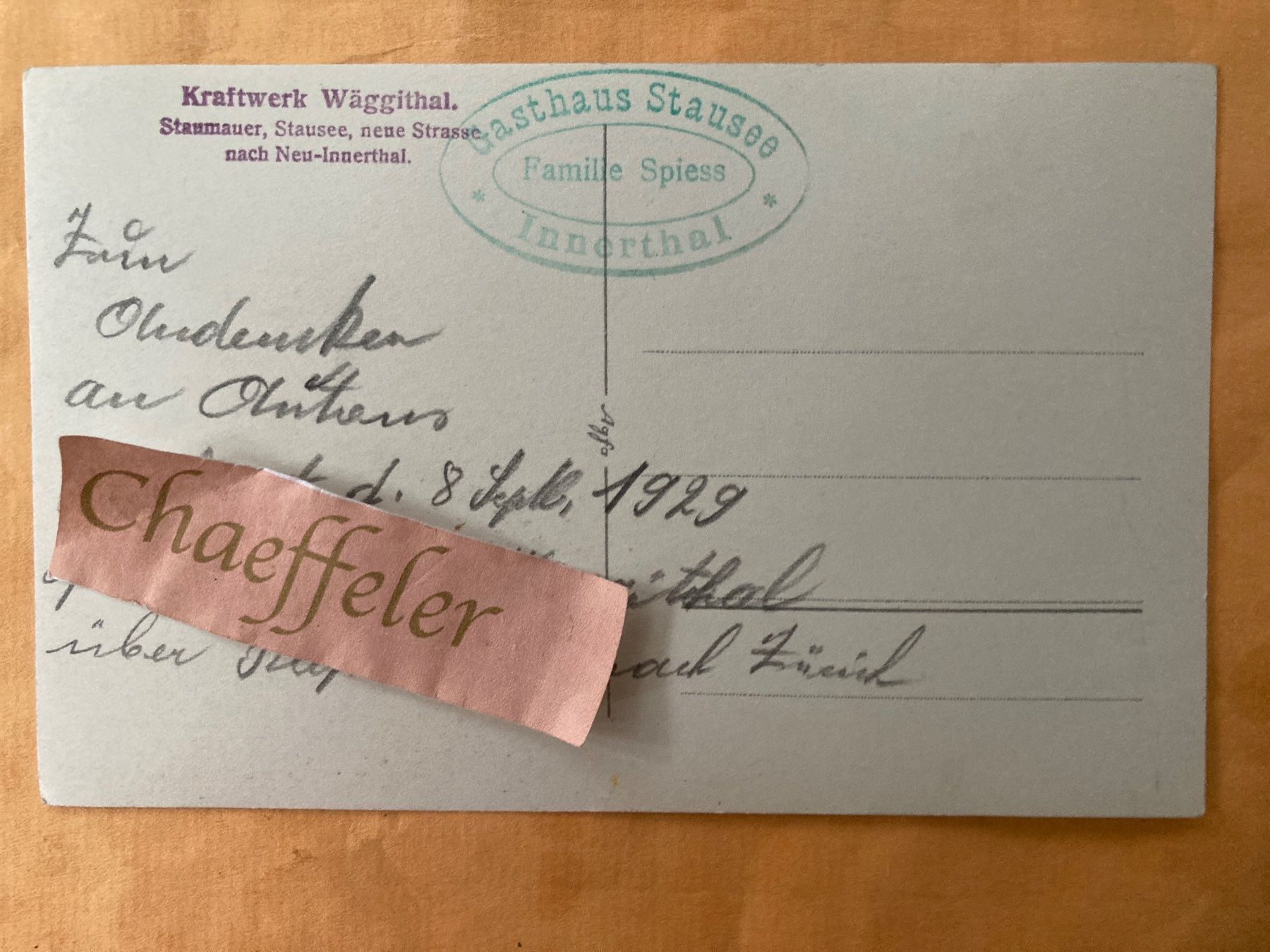 Cartoline postali: 1929 Kraftwerk Wäggithal, Staumauer, Stausee – Usato da Zürich venduto da Chaeffeler 1