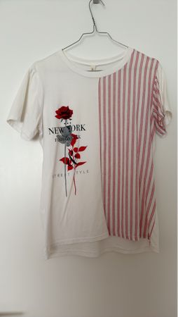 T-Shirt Damen Weiss Rot Gestreift Rose Grösse S