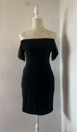 Black off the shoulder bodycon dress with sheer sleeves