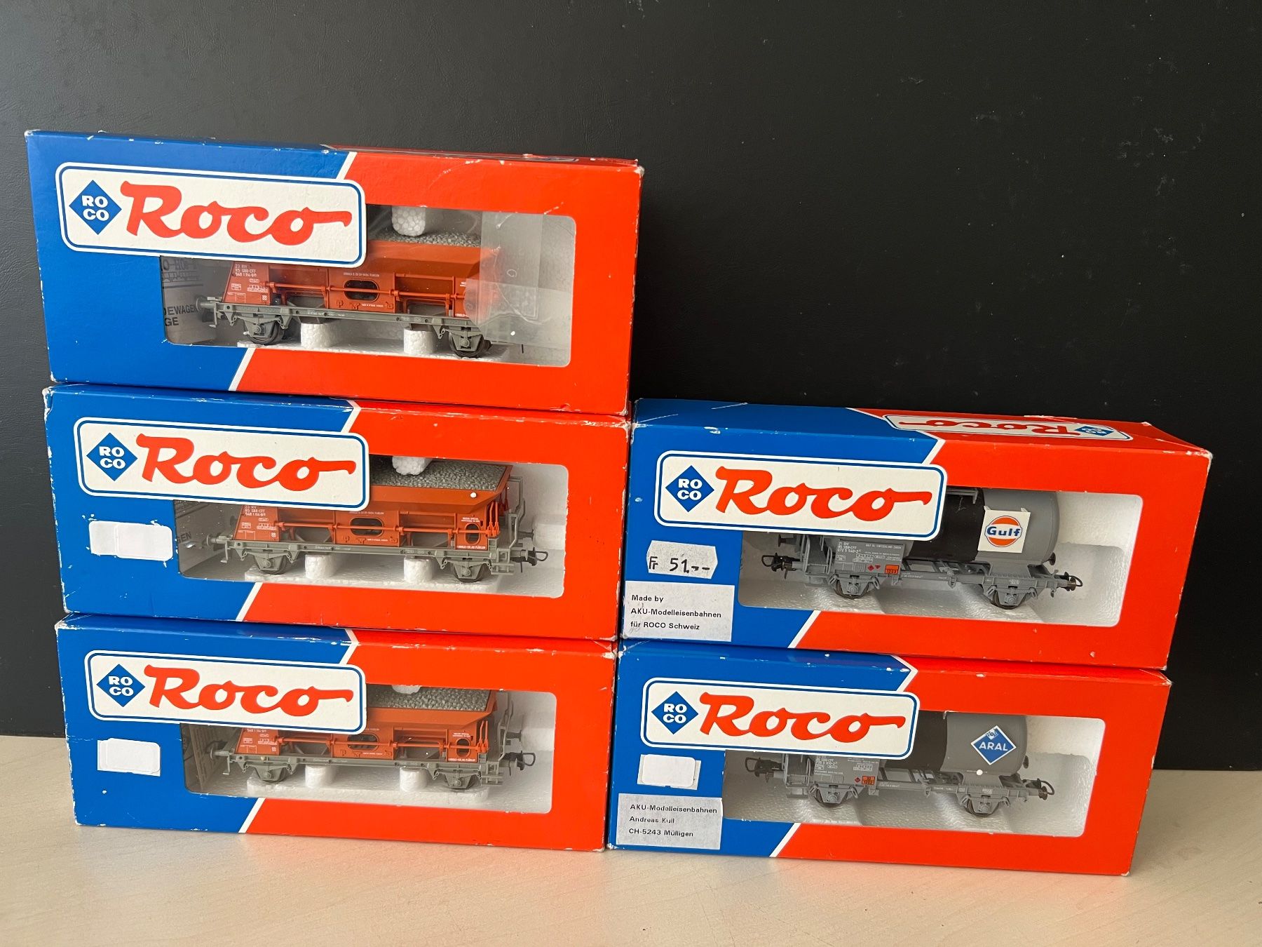 Roco Modellini di ferrovie: 5 Roco Güterwagen HO WS – Nuovo e nell'imballaggio originale da Root venduto da Roll.48