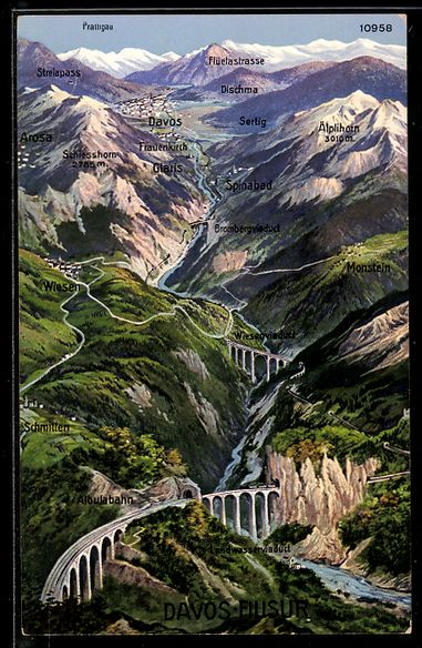 Cartoline postali: Davos-Filisur, Ortsansicht mit Viadukten – Usato da Berlin venduto da bartko-reher