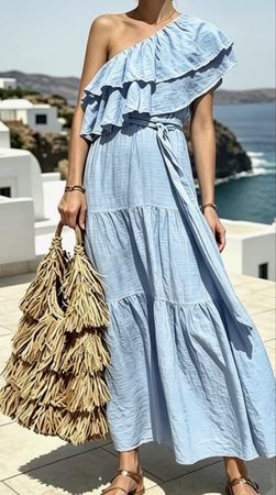 Chic Maxi Abito -cotone azzurro con volant tgM/L- nuovo