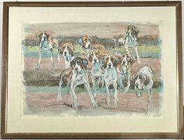 Fritz Hug (1921-1989) >>Jagdhunde Meute>> grosse Farblitho