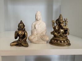 Buddha and Ganesha Statues Set Brass and Stone Used