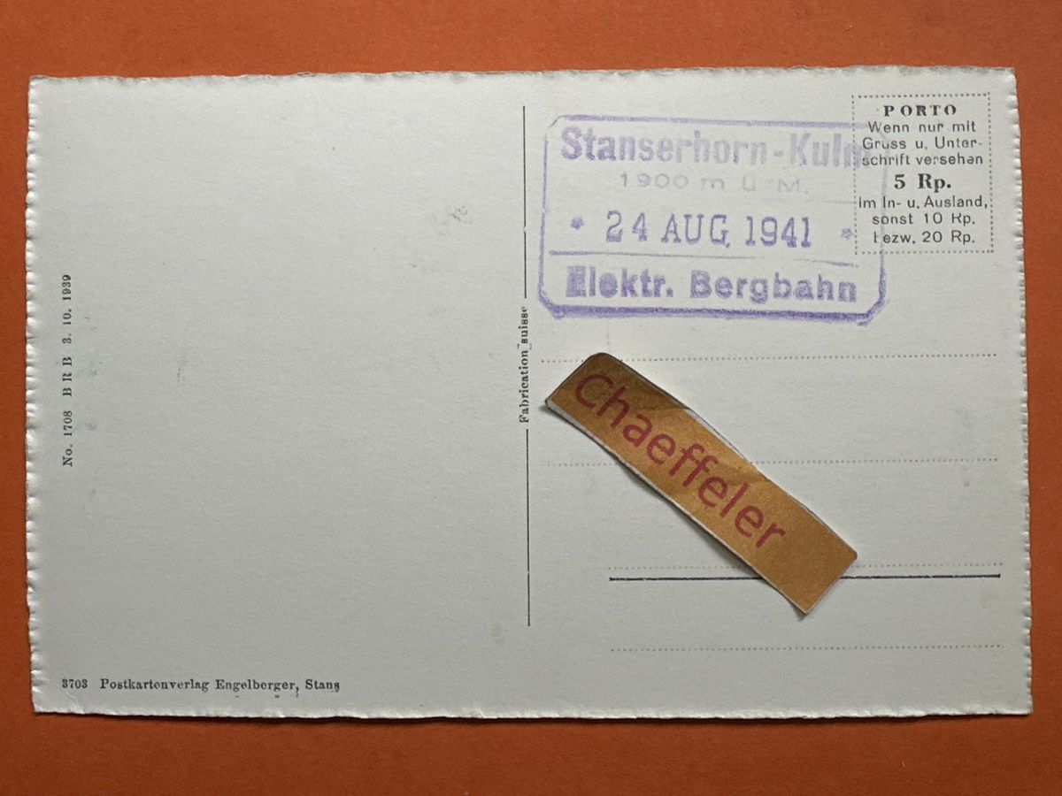 Cartoline postali: 1941 Stanserhorn mit Unterwallneralpen – Usato da Zürich venduto da Chaeffeler 1