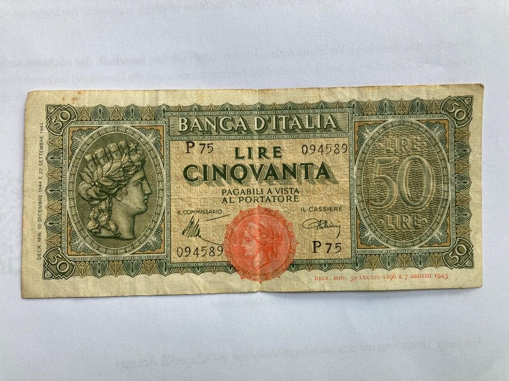 Banknoten Italien 50 Lire 1943 (Gebraucht) in schlieren für CHF 6 – mit ...