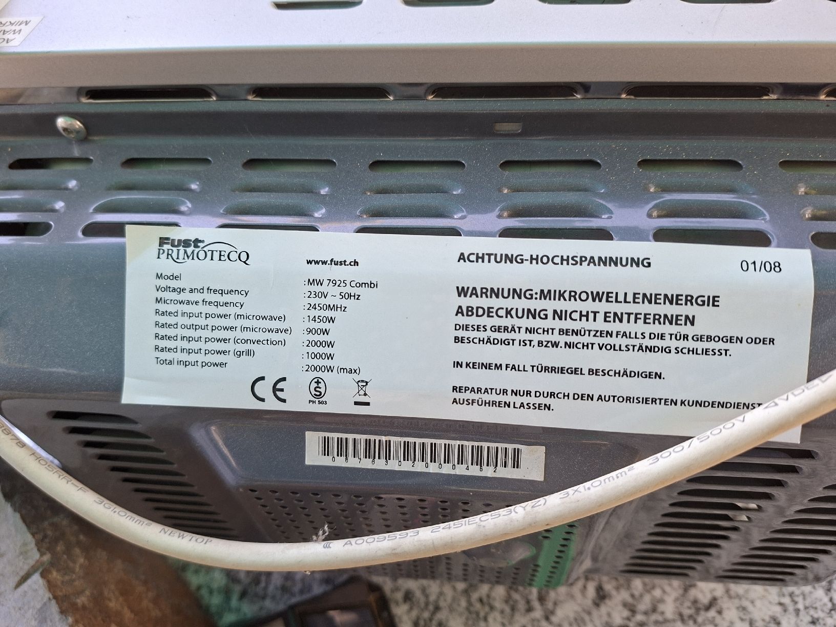 Elettrodomestici da cucina: Fust Primotecq MW 7925 Combi Mikrowelle 2000W  – Usato da Lohn-Ammannsegg venduto da schwerti53 2