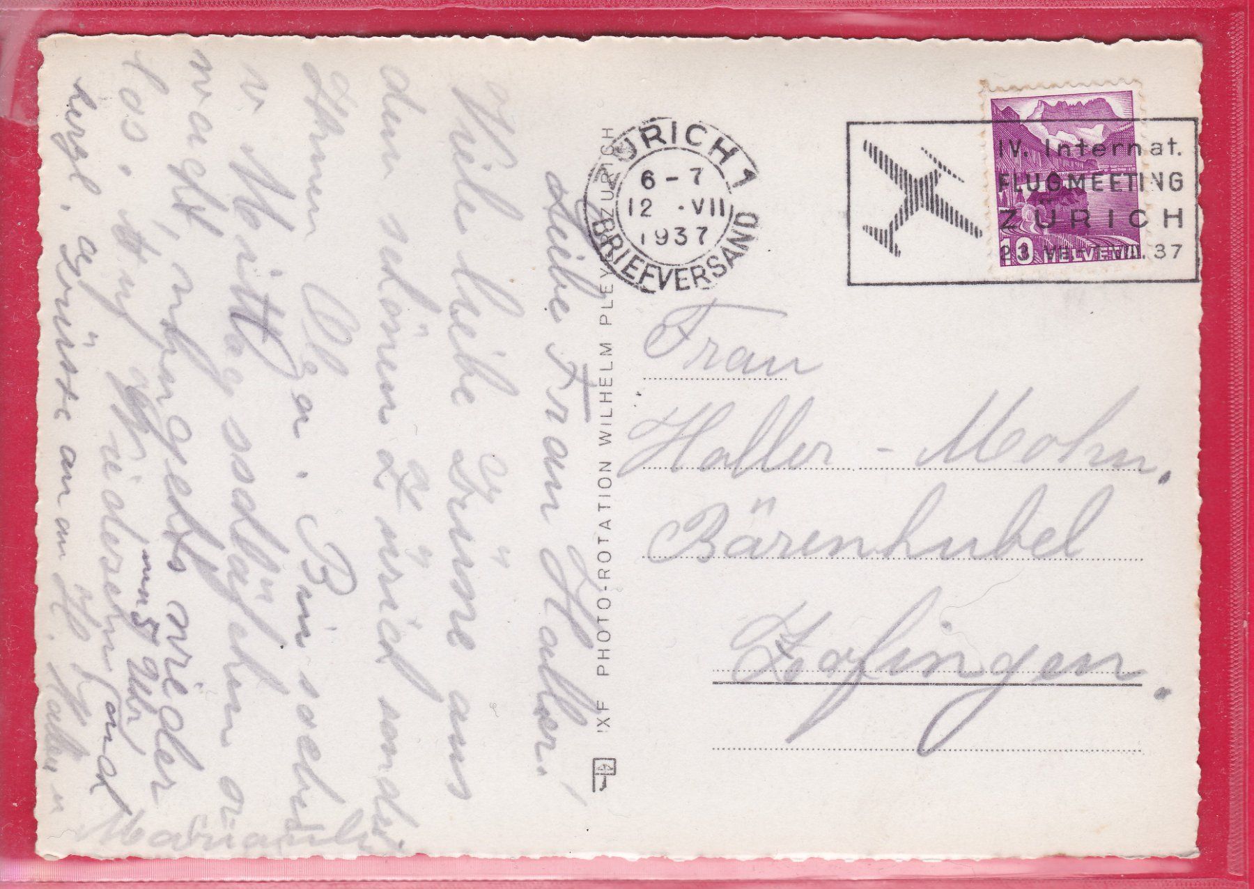 Ansichtskarten: ZÜRICH, 12.7.1937 – Gebraucht aus Oberrieden von Gebirgsstelze 1