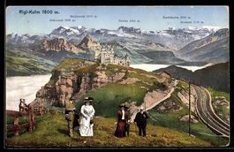 AK Rigi-Kulm, Bergstation mit Hotel, Personen und Zahnradbah