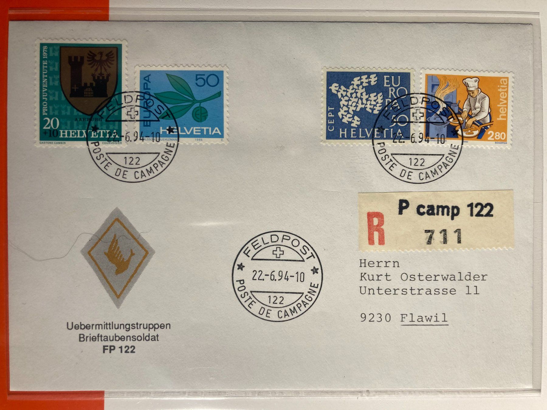 Tutti i francobolli: Schweiz 1994 Feldpost 122 R-Brief Uebermittlungstruppen – Usato da Winterthur venduto da schnueps