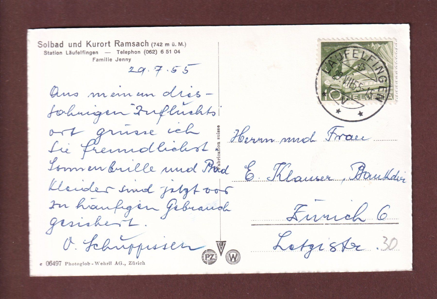 Cartoline postali: Läufelfingen - Solbad und Kurort RAMSACH - 1955 – Usato da Pully venduto da nicecards 1