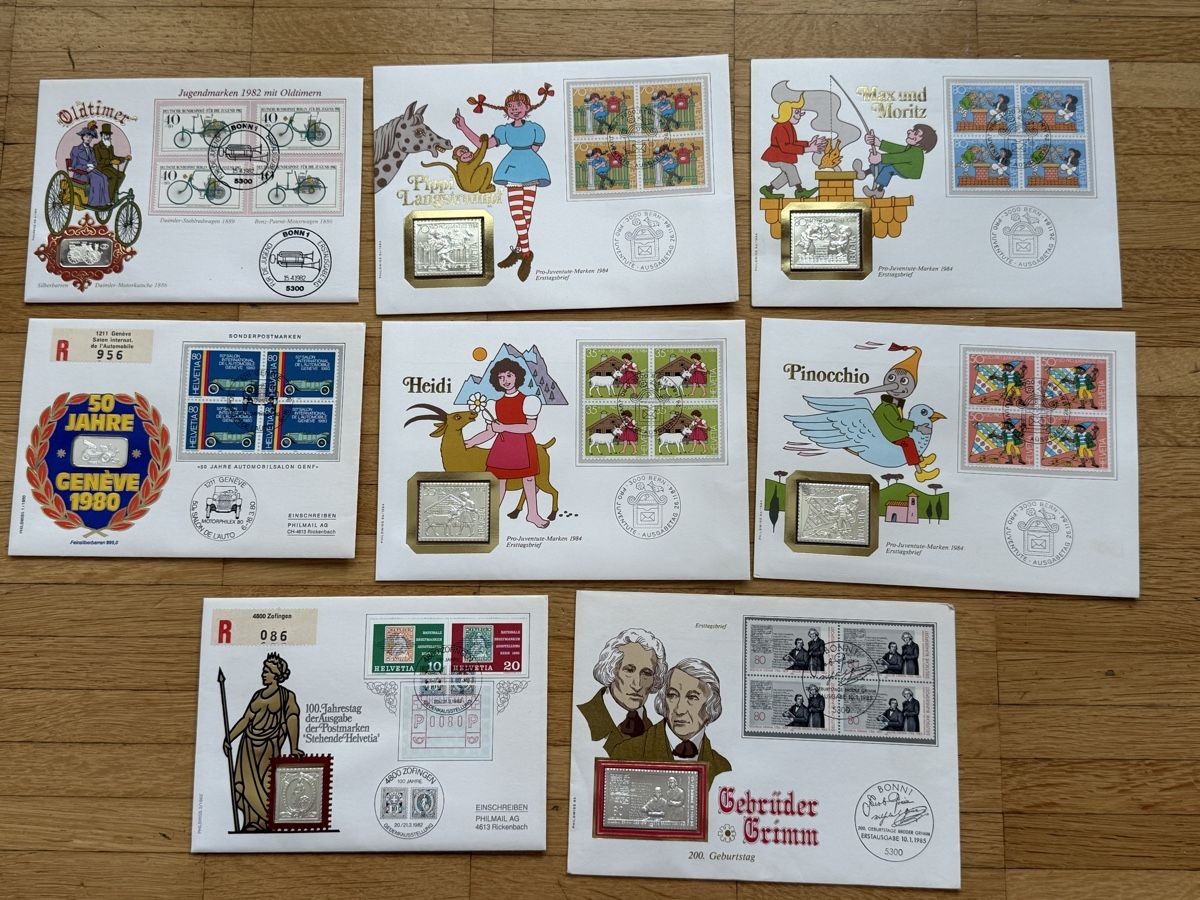 Metalli preziosi: Silberbarren - Briefmarken mit diversen Motiven  – Nuovo e nell'imballaggio originale da Zürich venduto da daki81