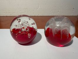 Glass Paperweights Red Floral Design Set of 2