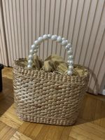 Panier osier, anses en perles , brun clair femme neuf