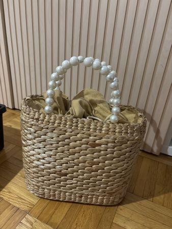 Panier osier, anses en perles , brun clair femme neuf