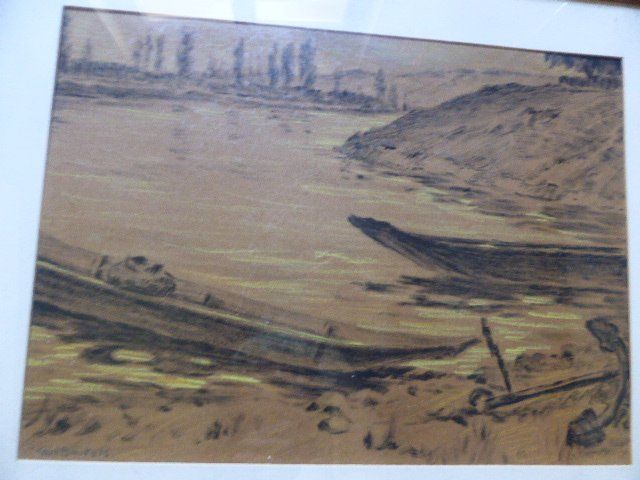 Dipinti: Karl Bartels,original Kreidebild,Flusslandschat mit Booten – Usato da Lausen venduto da liesfisch 1