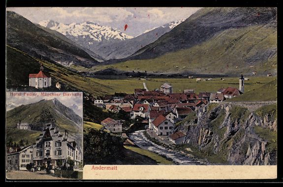 Cartes postales: Andermatt, Ortsansicht und Hotel Fedier, – D'occasion à Berlin par bartko-reher