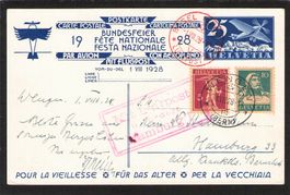 FDC Bundesfeierkarte 1928 Nr. 47l,Flug Basel - Hamburg,rot