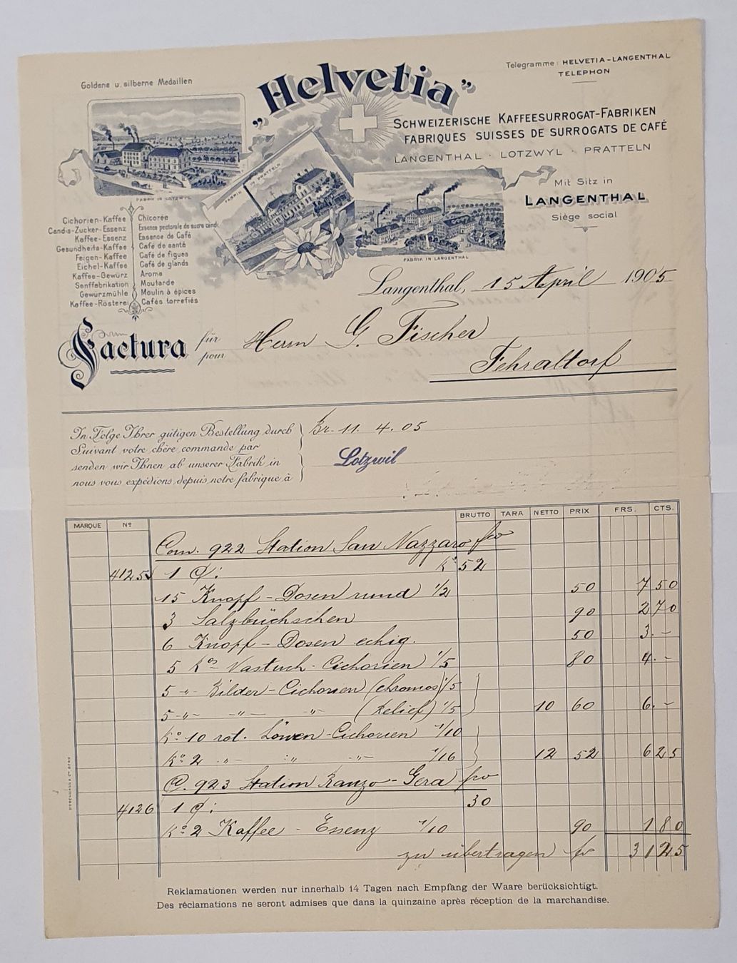 Grafica & Litografie: Langenthal 1905 - Litho Briefkopf,  Kaffeesurrogat-Fabrik – Usato da Kreuzlingen venduto da Rschweiz1