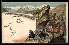 Litho Postkutsche auf einer Bergstrasse